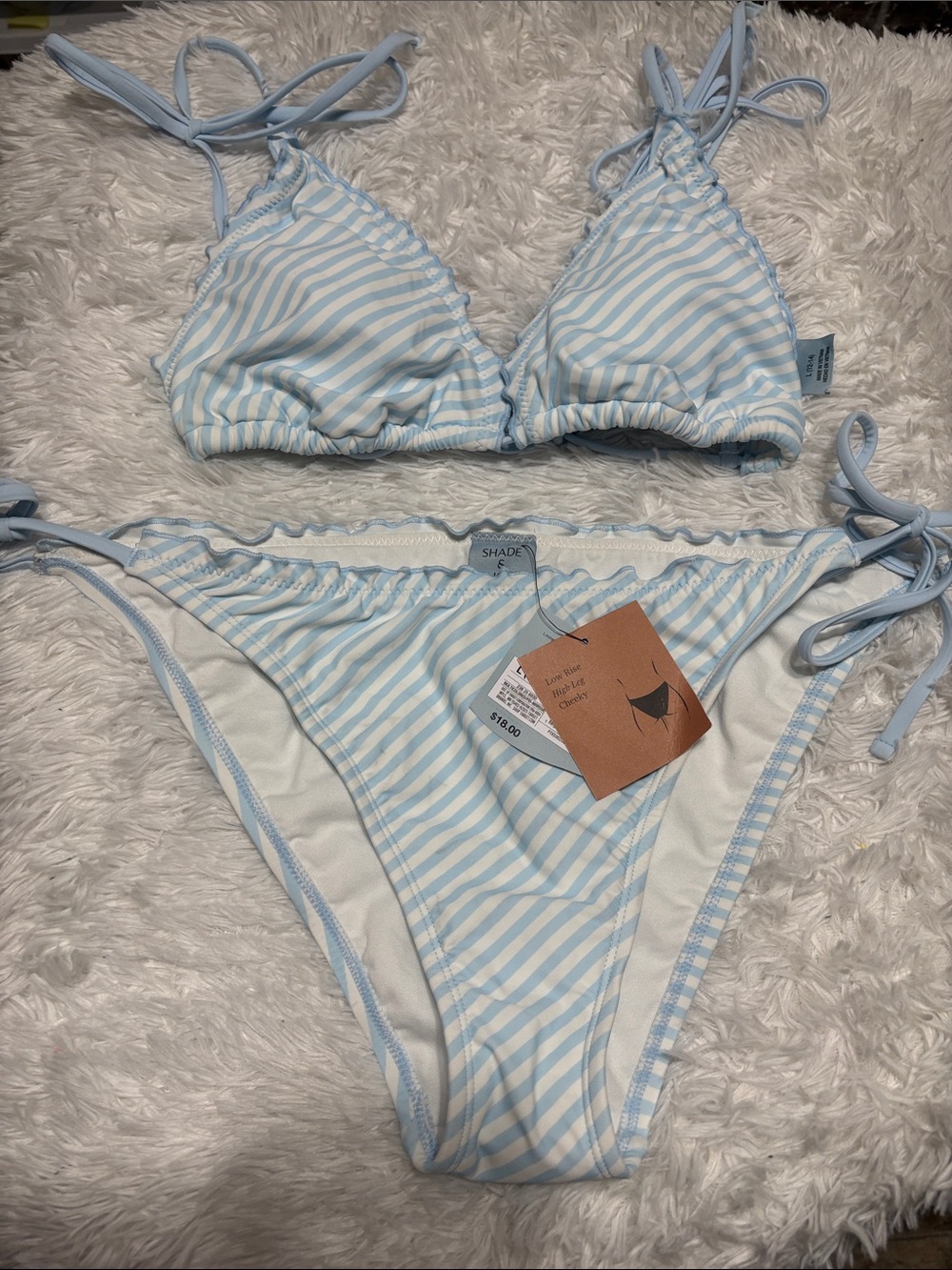 Shade & Shore Blue And White Striped Triangle Adjustable Tie Bikini Set L